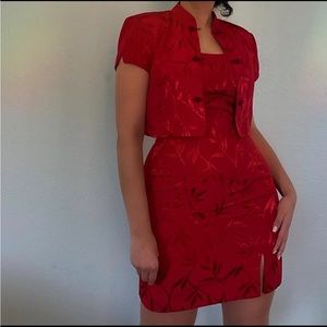 Red dress with cropped red jacket